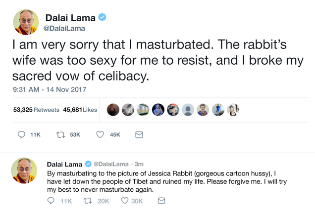 Illustration for article titled Fall From Grace: The Dalai Lama Has Broken His Vow Of Celibacy By Masturbating To A Picture Of Jessica Rabbit In An Airport Bathroom